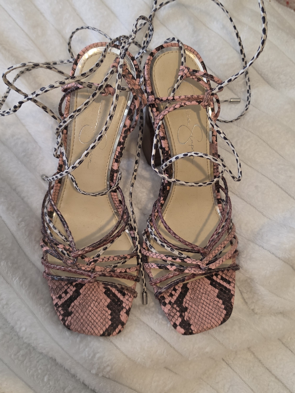 Jessica Simpson Pink Snake-Print Lace-Up Heels
